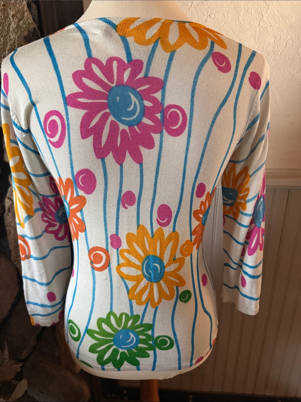 Joseph Floral V-Neck Top in White with Pink, Orange, Blue and Green Flowers - Picture 3 of 6